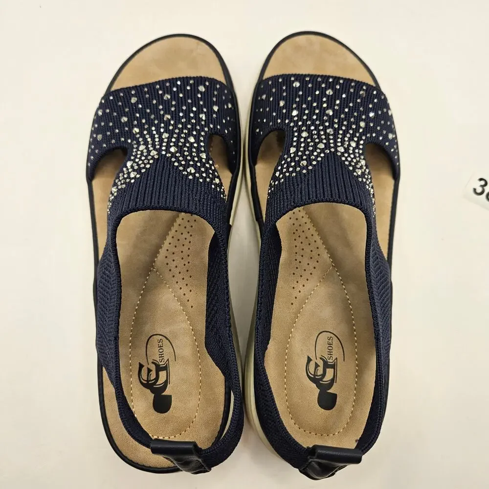 GC SHOES GOOD CHOICE WOMEN'S 6.5 STRETCH KNIT RHINESTONE SLINGBACK COMFORT NAVY